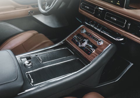 The front center console of a 2024 Lincoln Aviator® SUV is shown | Brinson Lincoln of Athens in Athens TX